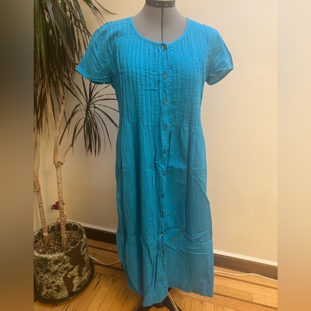 Vintage Lizsport Turquoise Crinkle Cotton Pintuck Midi Dress